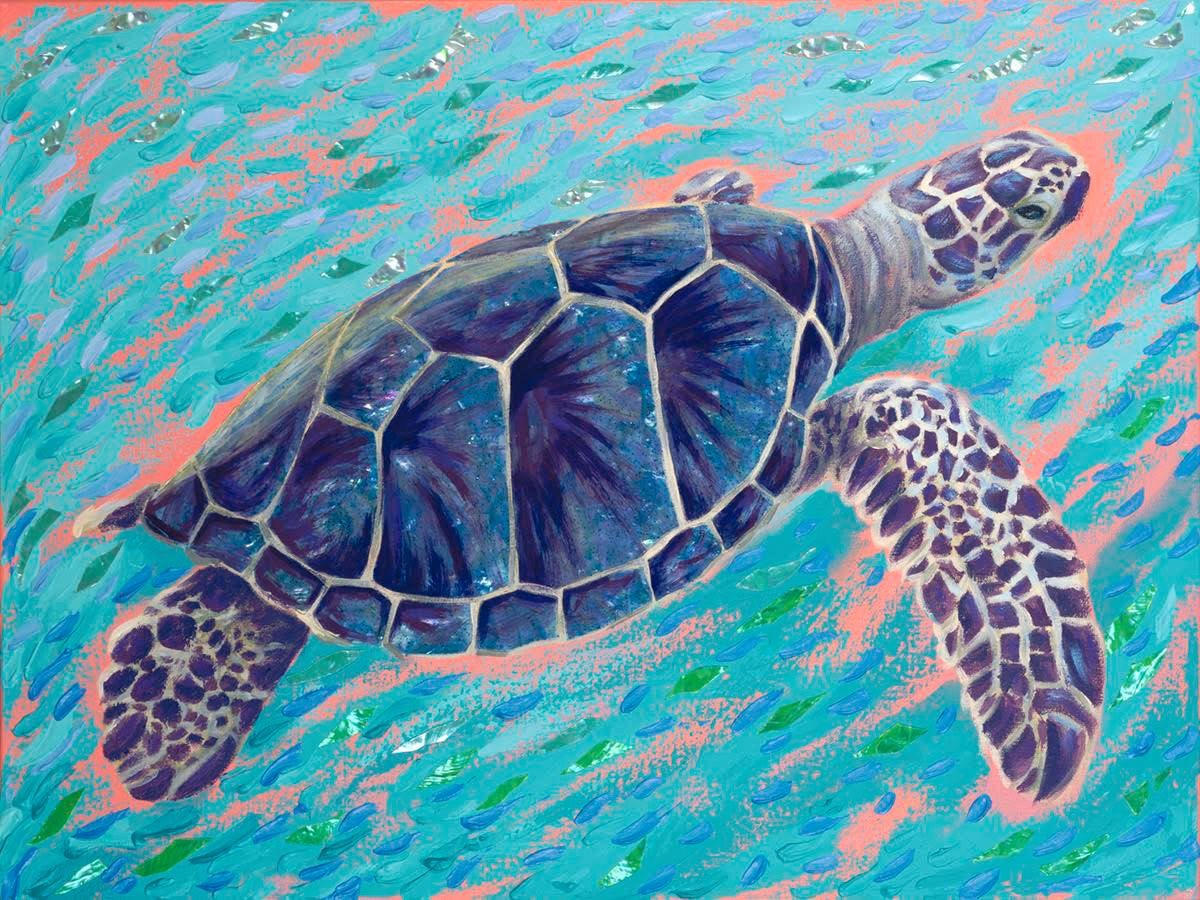 Beach Glass Honu, Acrylic and shell by Amy-Lauren Lum Won - Kauai fish art, Hawaii fish paintings